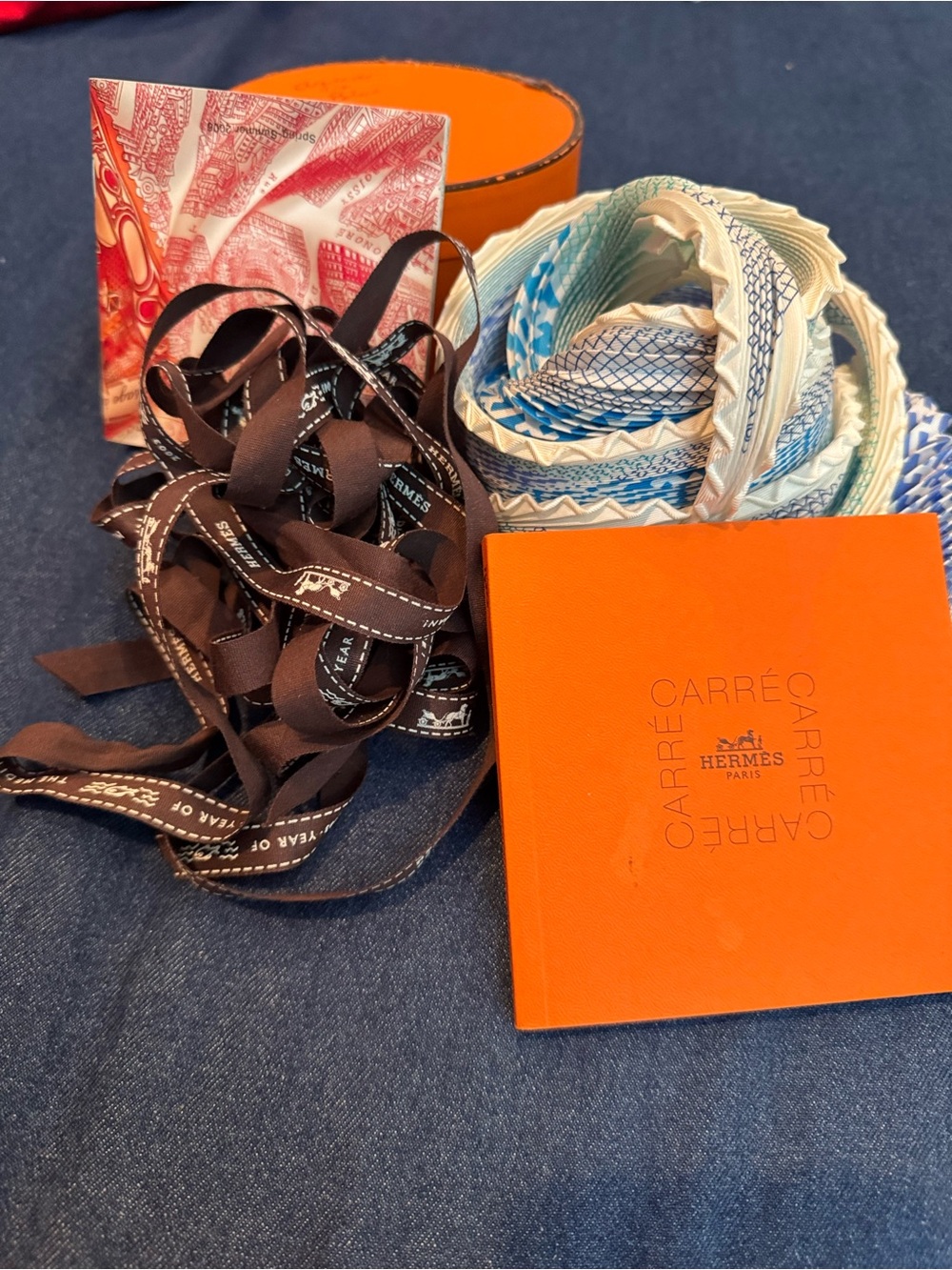 Hermès Blue & White Silk Twilly with Signature Orange Box